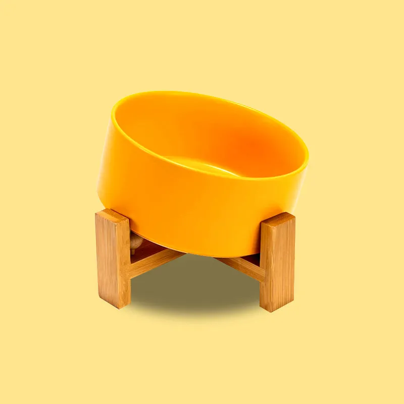 15° Slanted Ceramic Pet Bowl with Wooden Stand | Tilted Bowl for Cats & Flat Face Pets