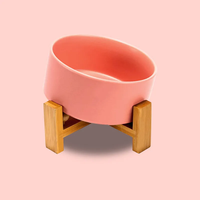 15° Slanted Ceramic Pet Bowl with Wooden Stand | Tilted Bowl for Cats & Flat Face Pets