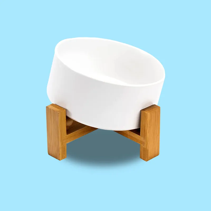 15° Slanted Ceramic Pet Bowl with Wooden Stand | Tilted Bowl for Cats & Flat Face Pets