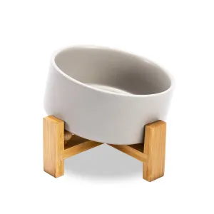 15° Slanted Ceramic Pet Bowl with Wooden Stand | Tilted Bowl for Cats & Flat Face Pets