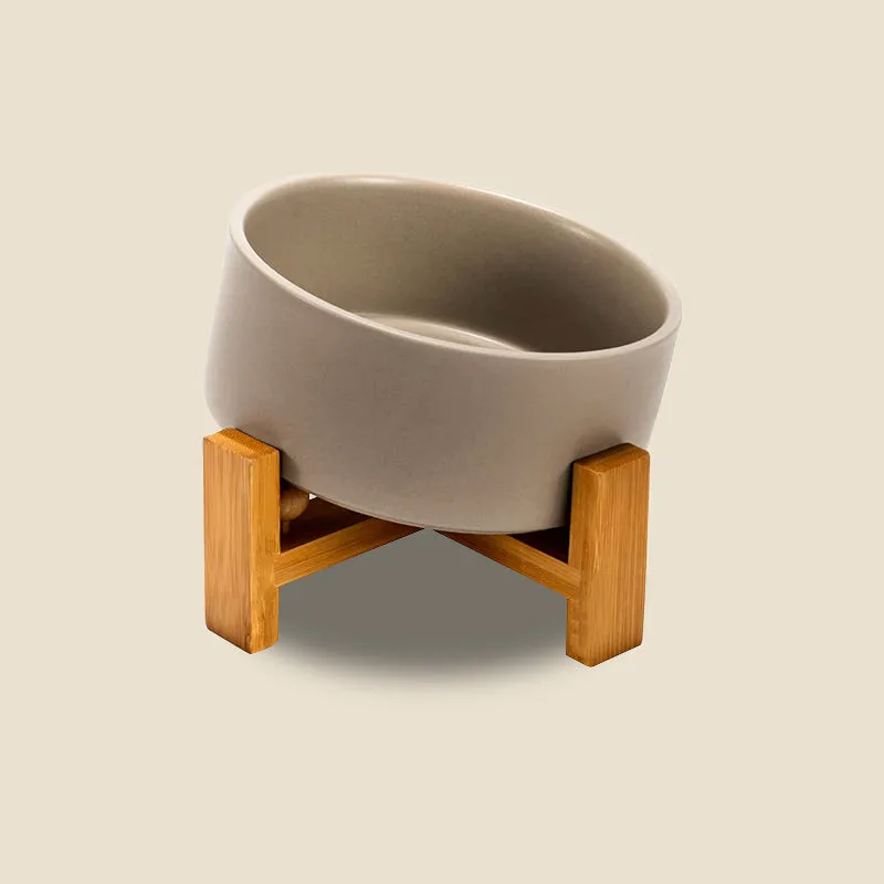 15° Slanted Ceramic Pet Bowl with Wooden Stand | Tilted Bowl for Cats & Flat Face Pets