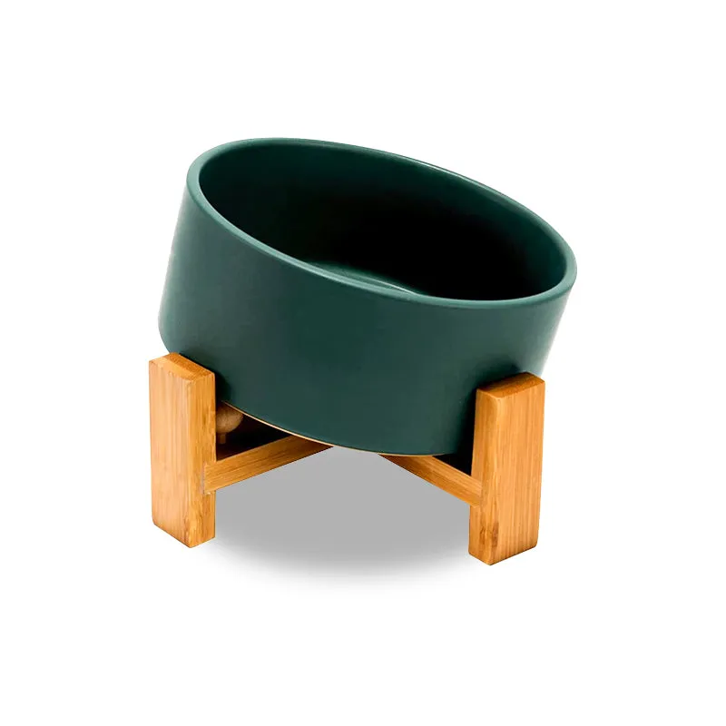 15° Slanted Ceramic Pet Bowl with Wooden Stand | Tilted Bowl for Cats & Flat Face Pets