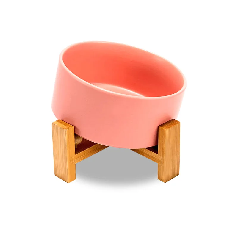 15° Slanted Ceramic Pet Bowl with Wooden Stand | Tilted Bowl for Cats & Flat Face Pets