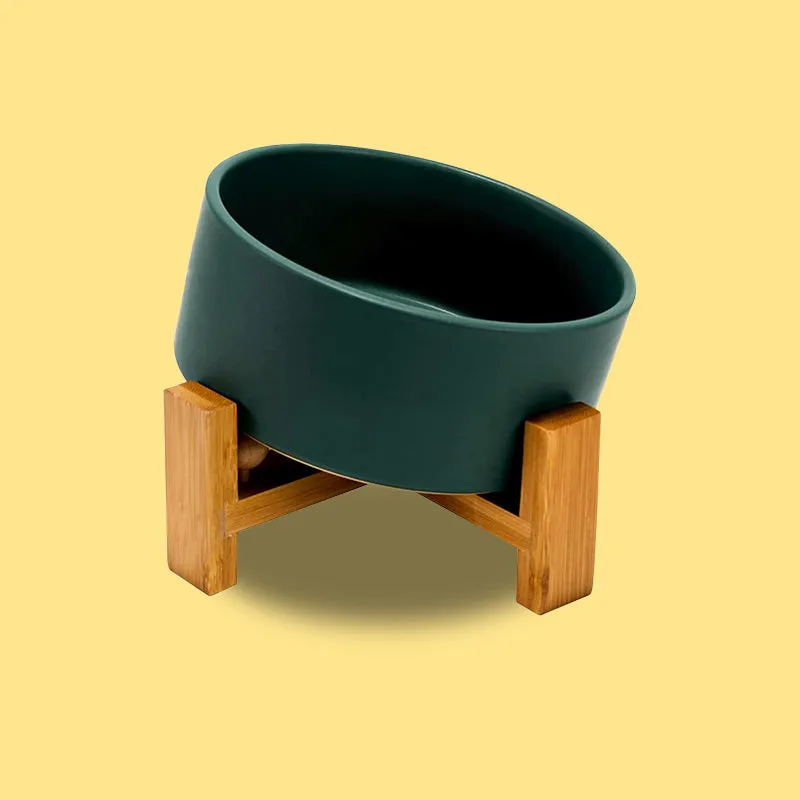 15° Slanted Ceramic Pet Bowl with Wooden Stand | Tilted Bowl for Cats & Flat Face Pets