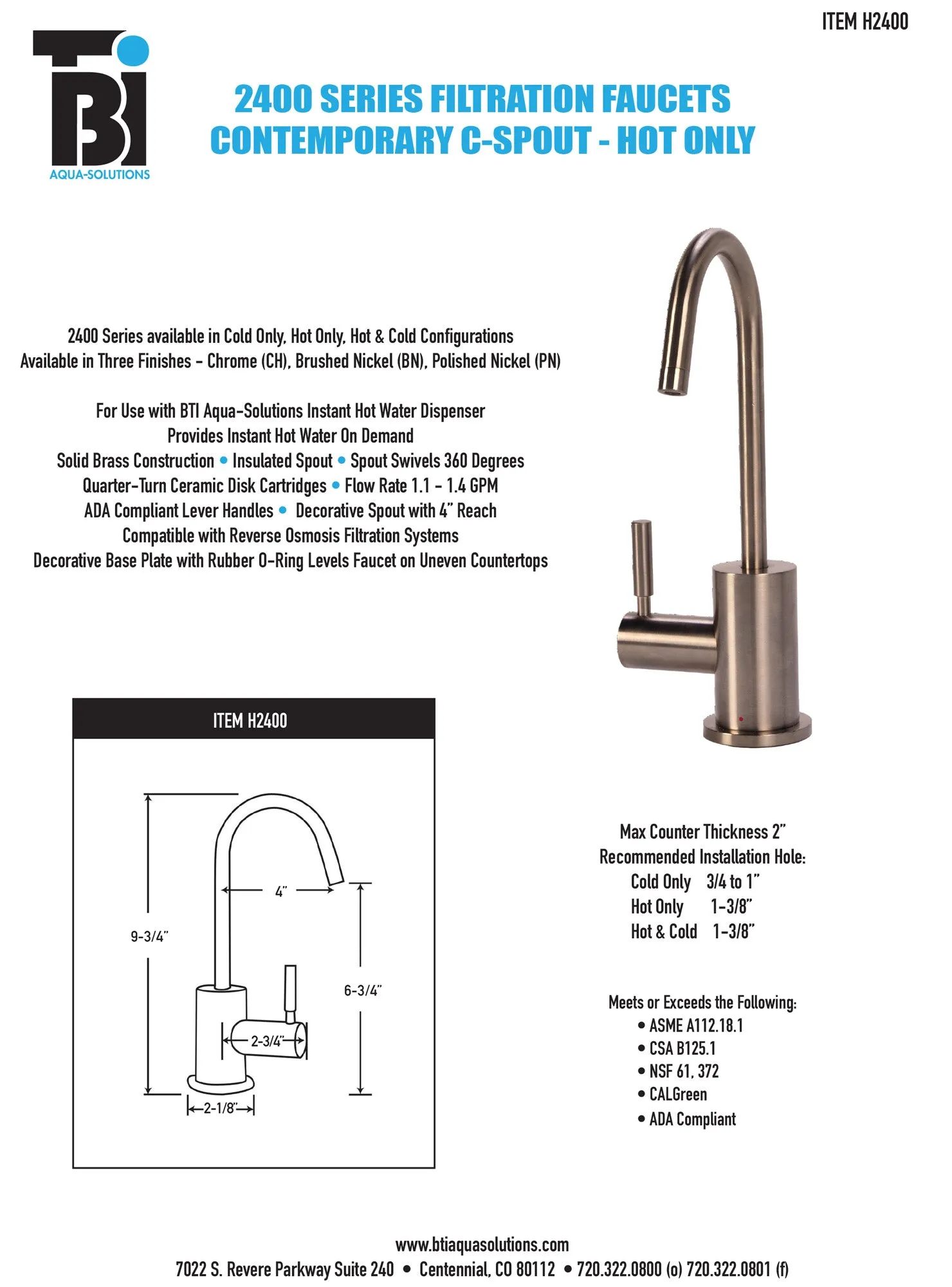 BTI HT-H2400 Contemporary C-Spout Hot Only Filtration Faucet