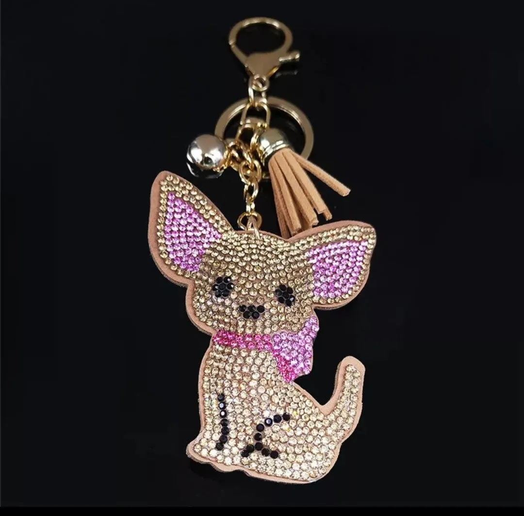 Chihuahua Crystal Rhinestone Dog Keychain, Key Fob or Purse or Backpack Charm 2 colors
