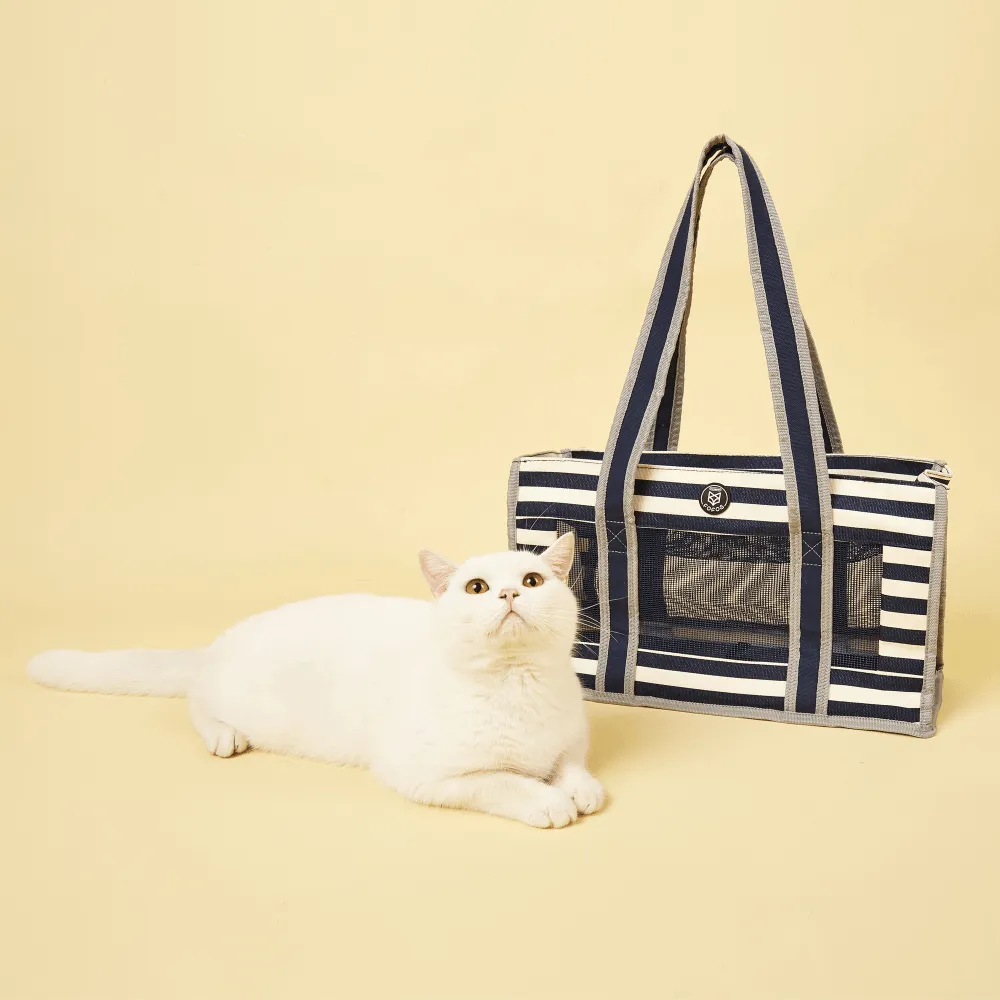 Fofos Mesh Soft Sided Striped Carrier for Dogs and Cats (Blue & White)