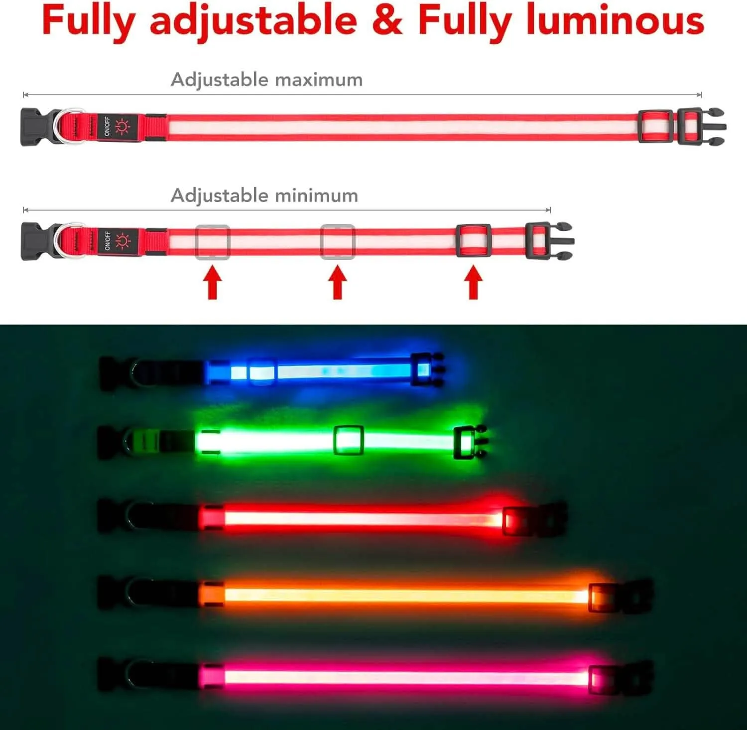 LED Dog Collar, Light up Dog Collar Adjustable USB Rechargeable Super Bright Safety Light Glowing Collars for Dogs