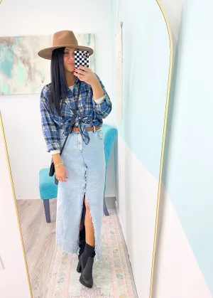 'Tiffany' Light Wash Stretchy Maxi Jean Skirt with Frayed Slit