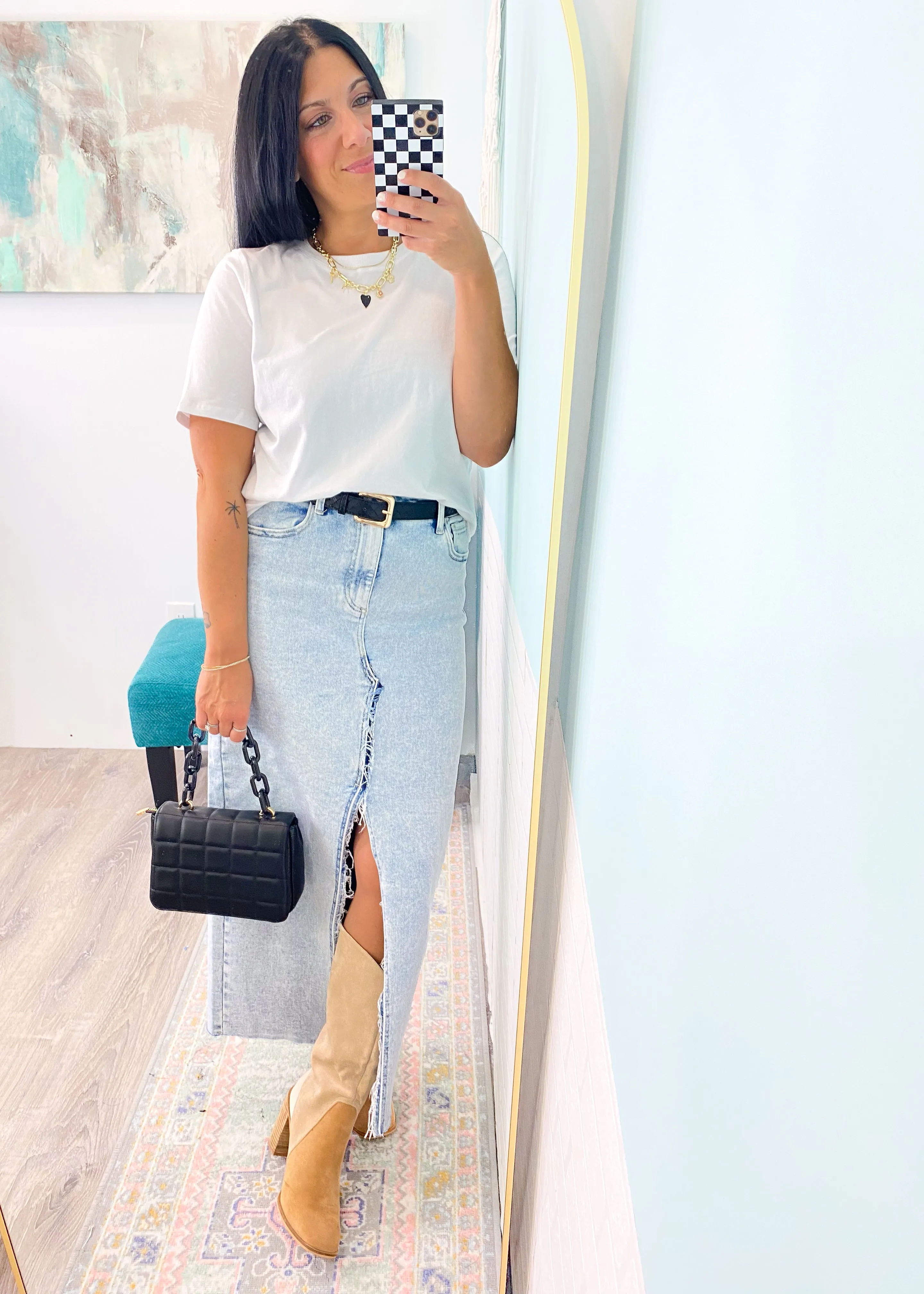 'Tiffany' Light Wash Stretchy Maxi Jean Skirt with Frayed Slit