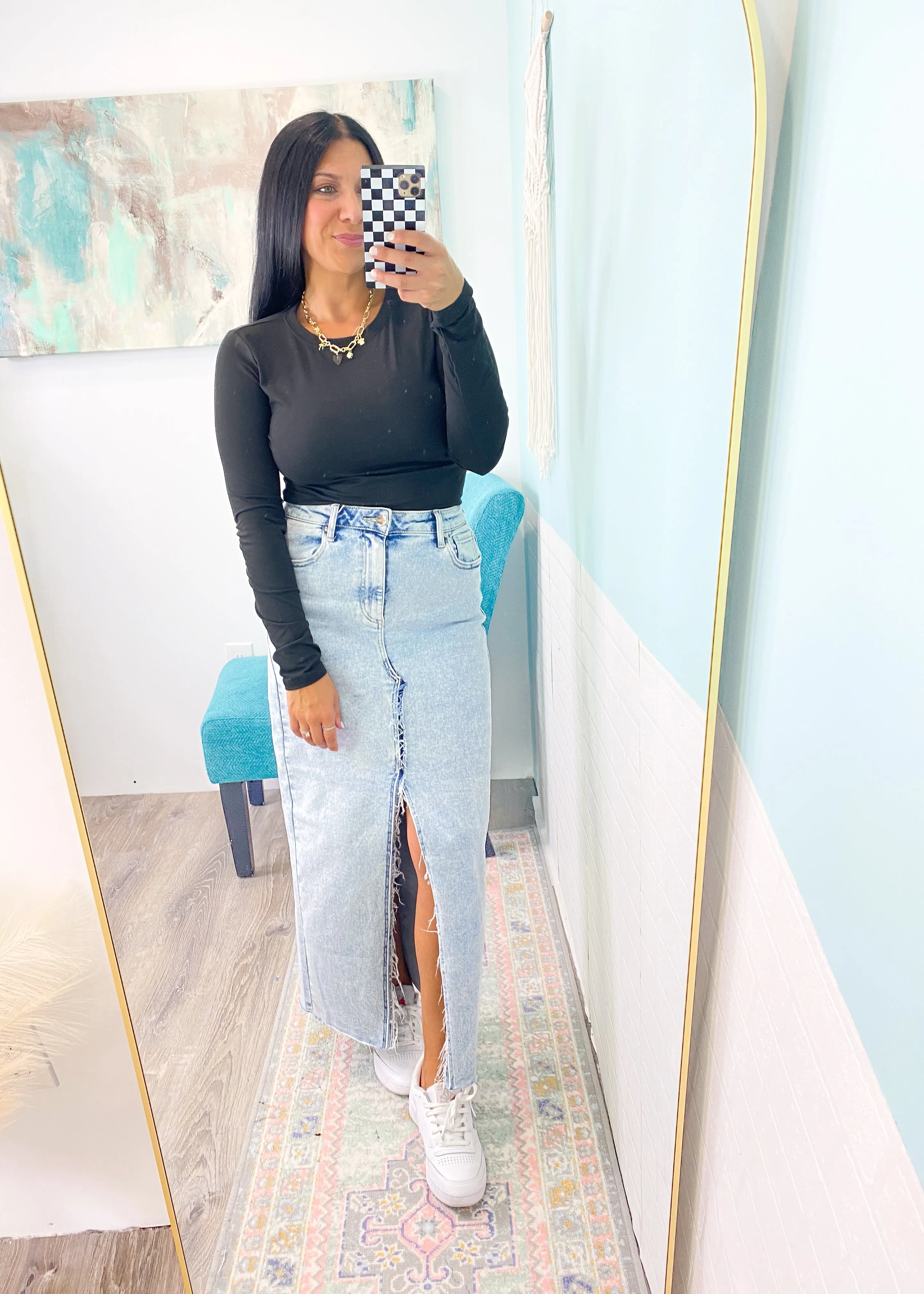 'Tiffany' Light Wash Stretchy Maxi Jean Skirt with Frayed Slit