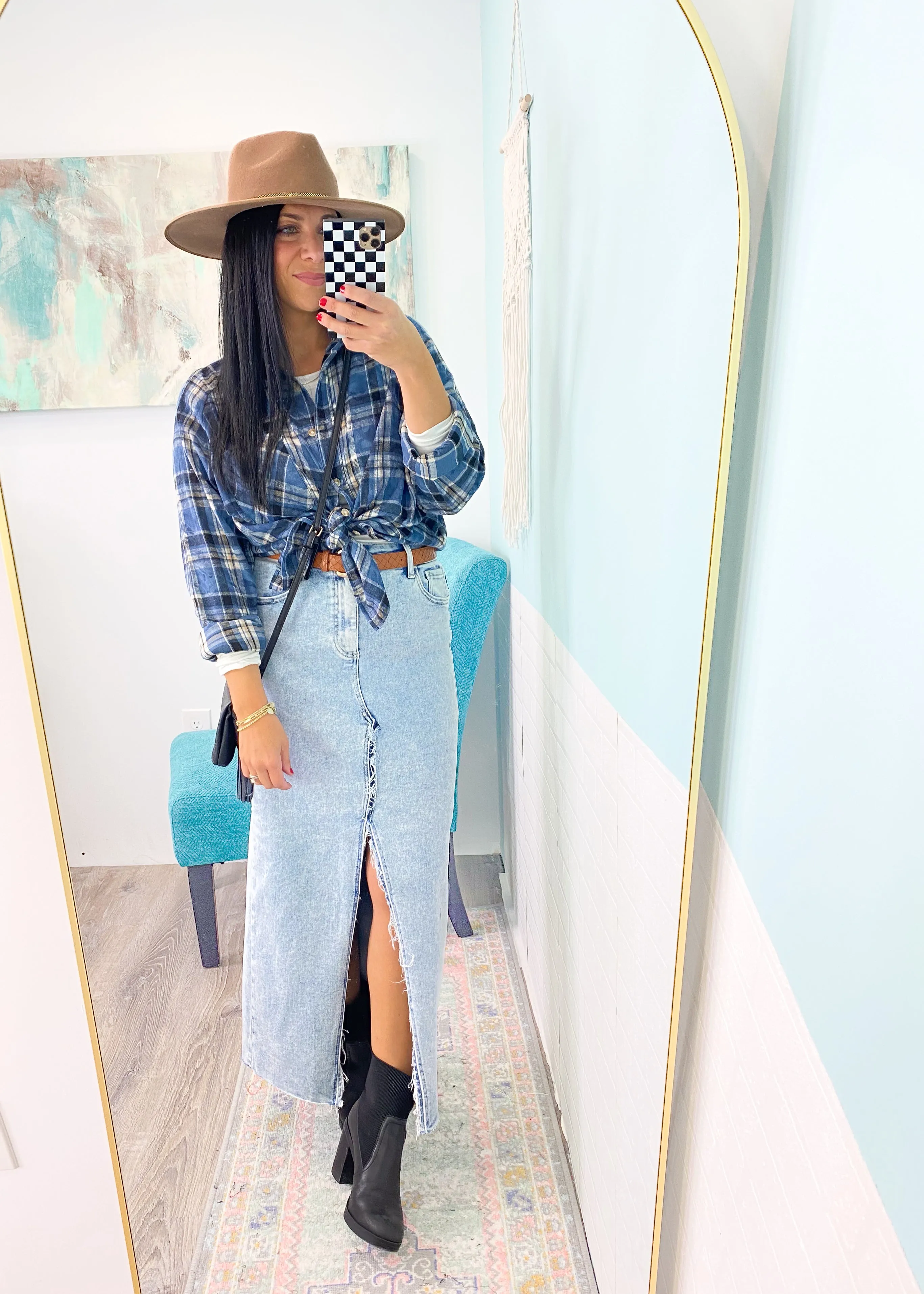'Tiffany' Light Wash Stretchy Maxi Jean Skirt with Frayed Slit